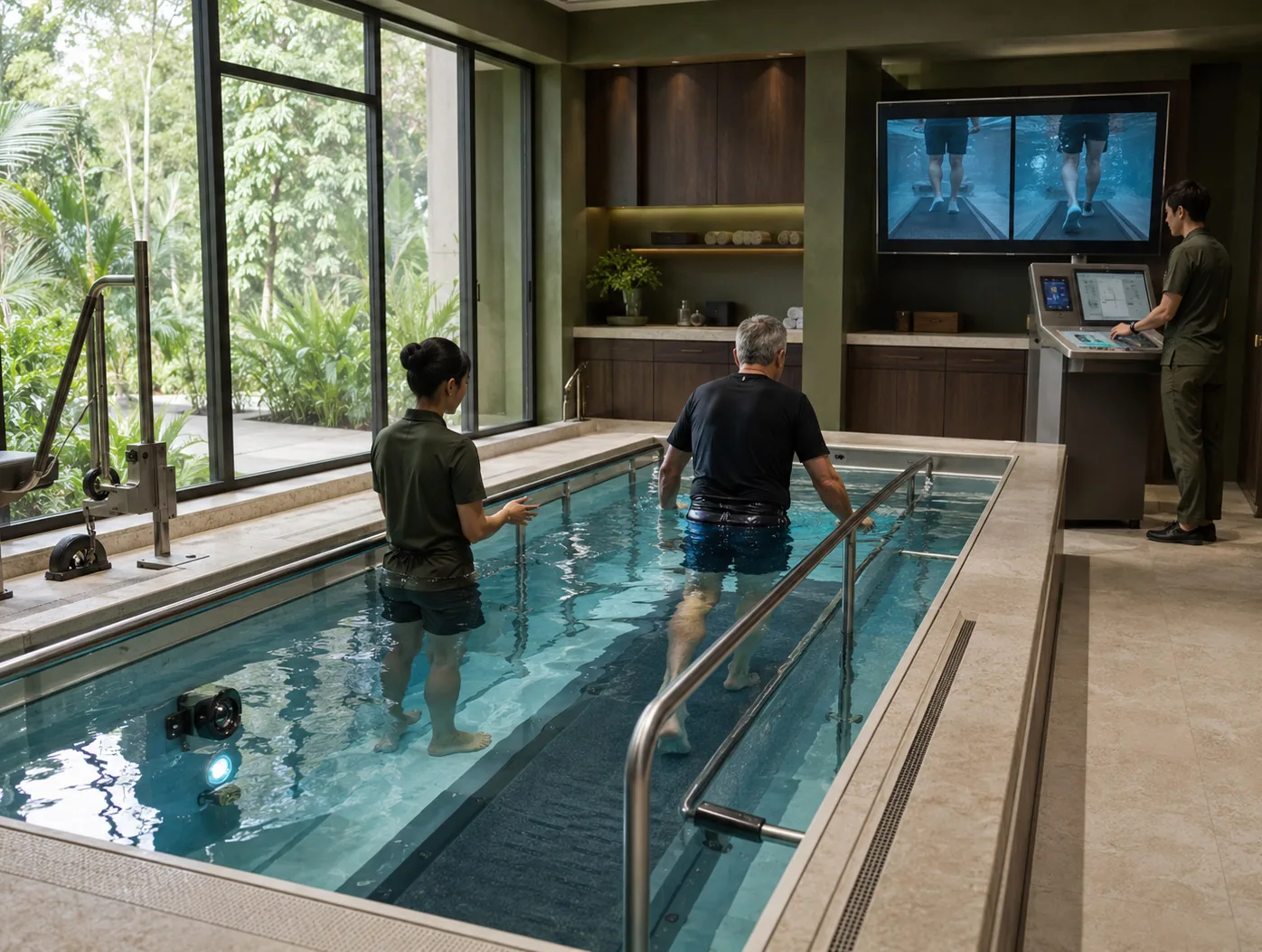 Two people walking in an indoor rehabilitation pool while a therapist follows the underwater view on screen