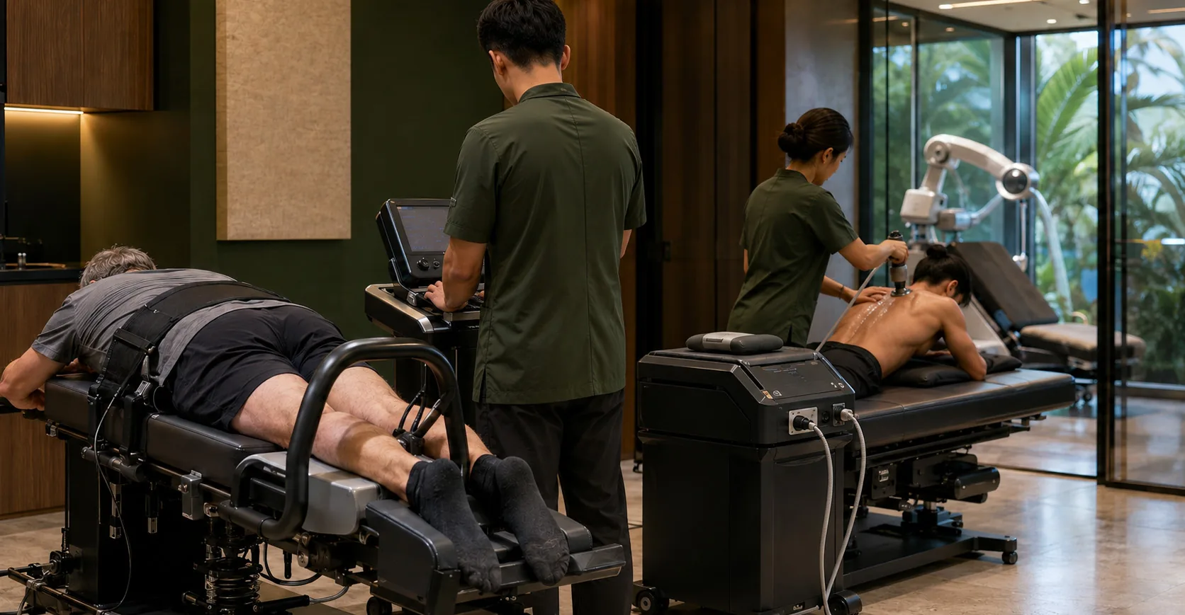Two treatment tables in use: spinal decompression and a robotic therapy arm