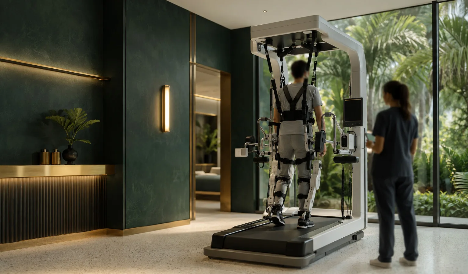 A patient walking in a robotic exoskeleton on a treadmill while a therapist watches the screen