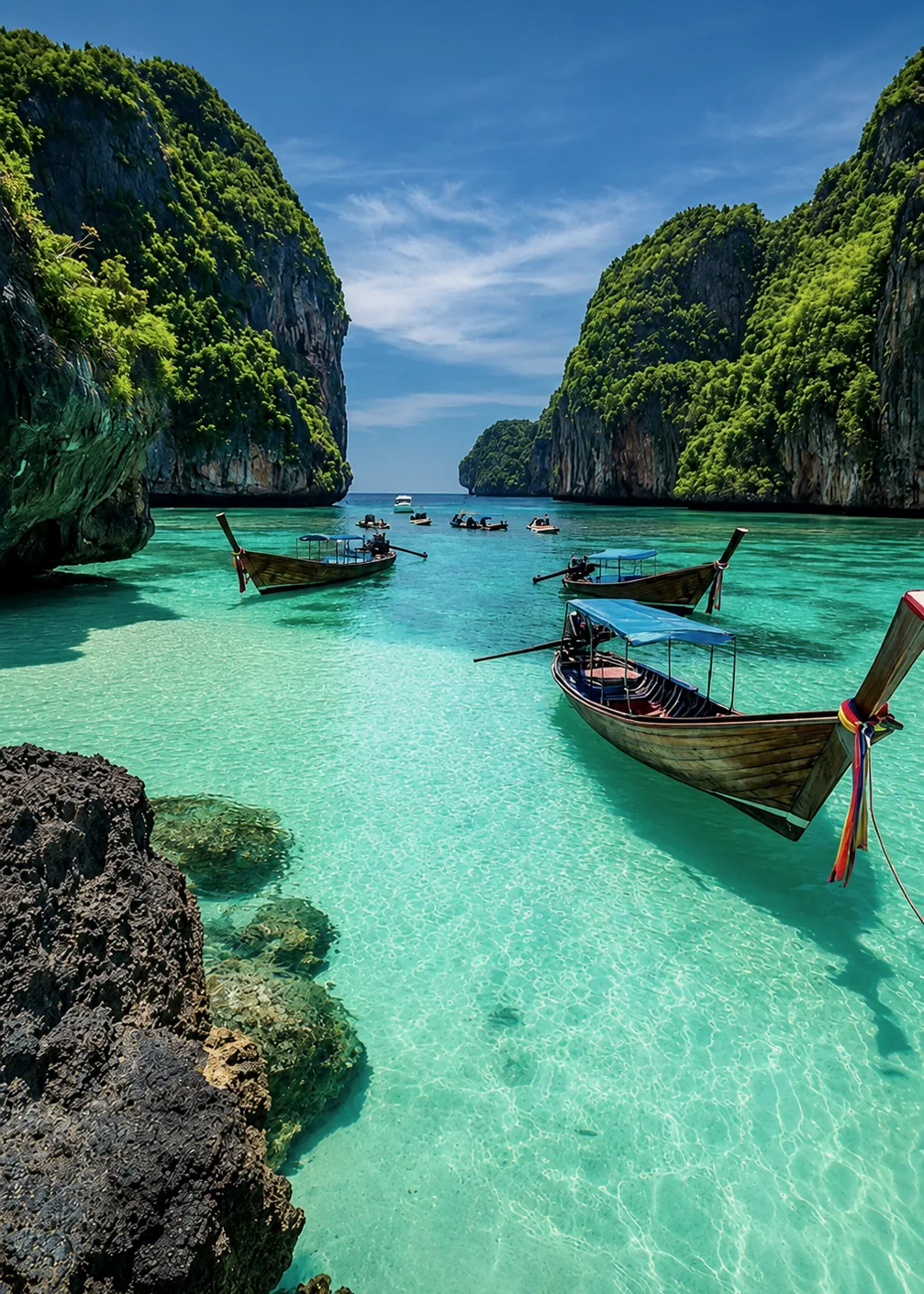 Longtail boats in shallow, clear water