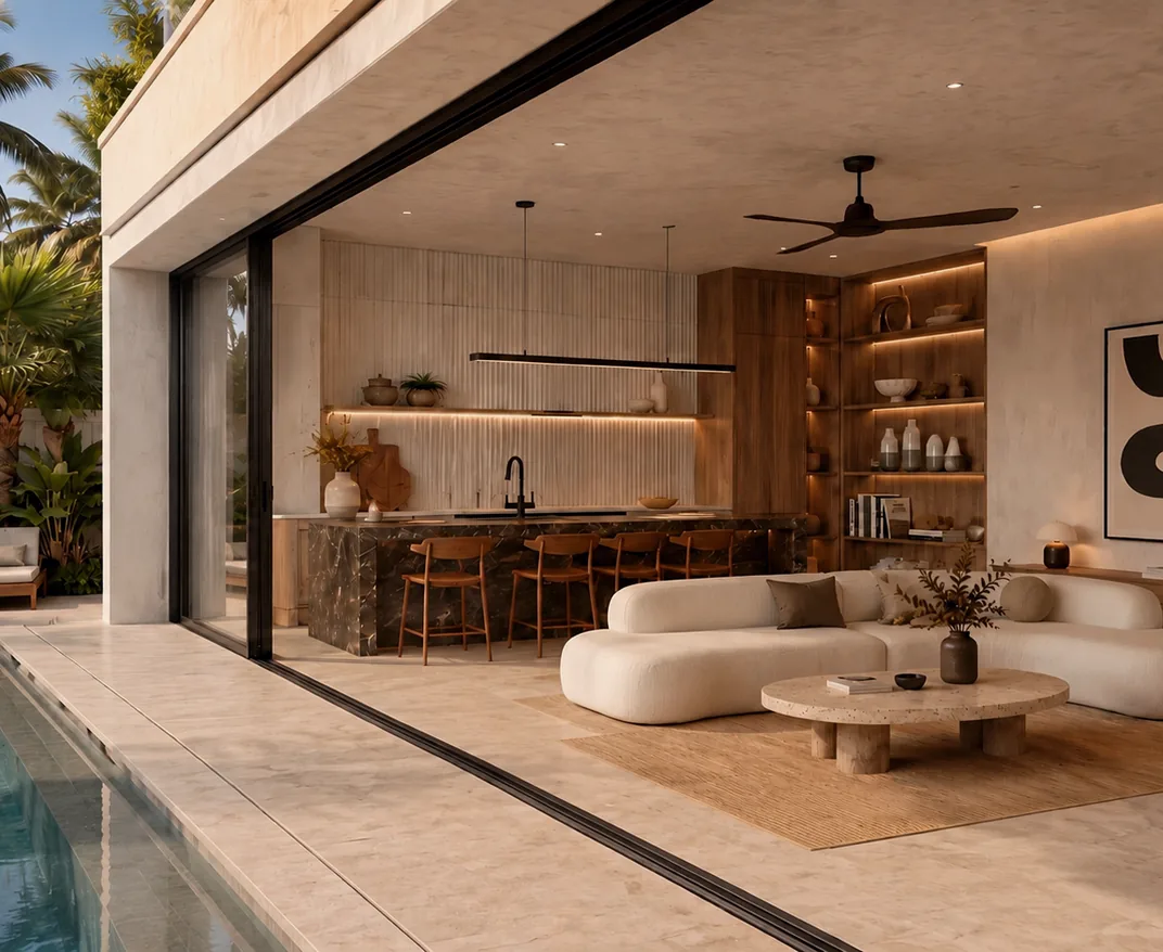 Residence L: the living room seen from the pool terrace