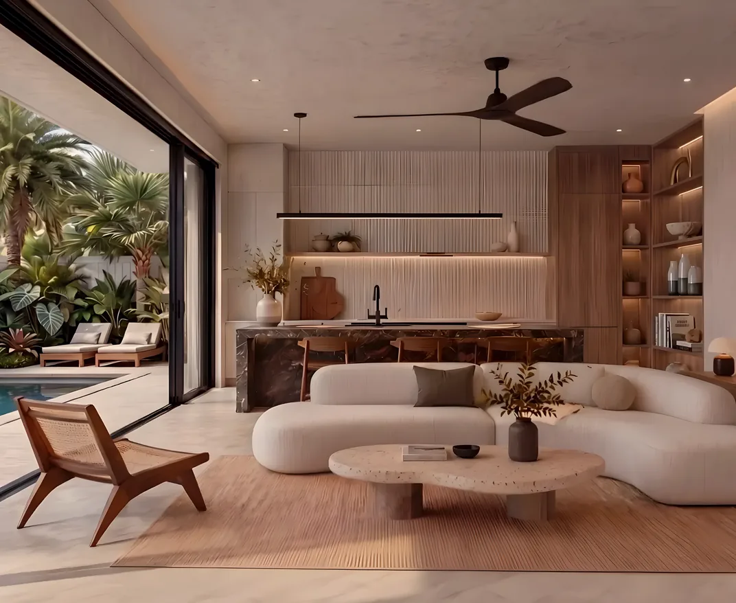 Residence M: the living room and the terrace beyond