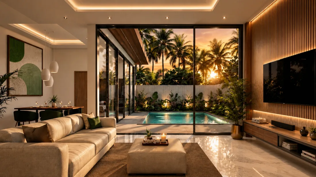 Residence XL: the living room, looking out to the pool at sunset