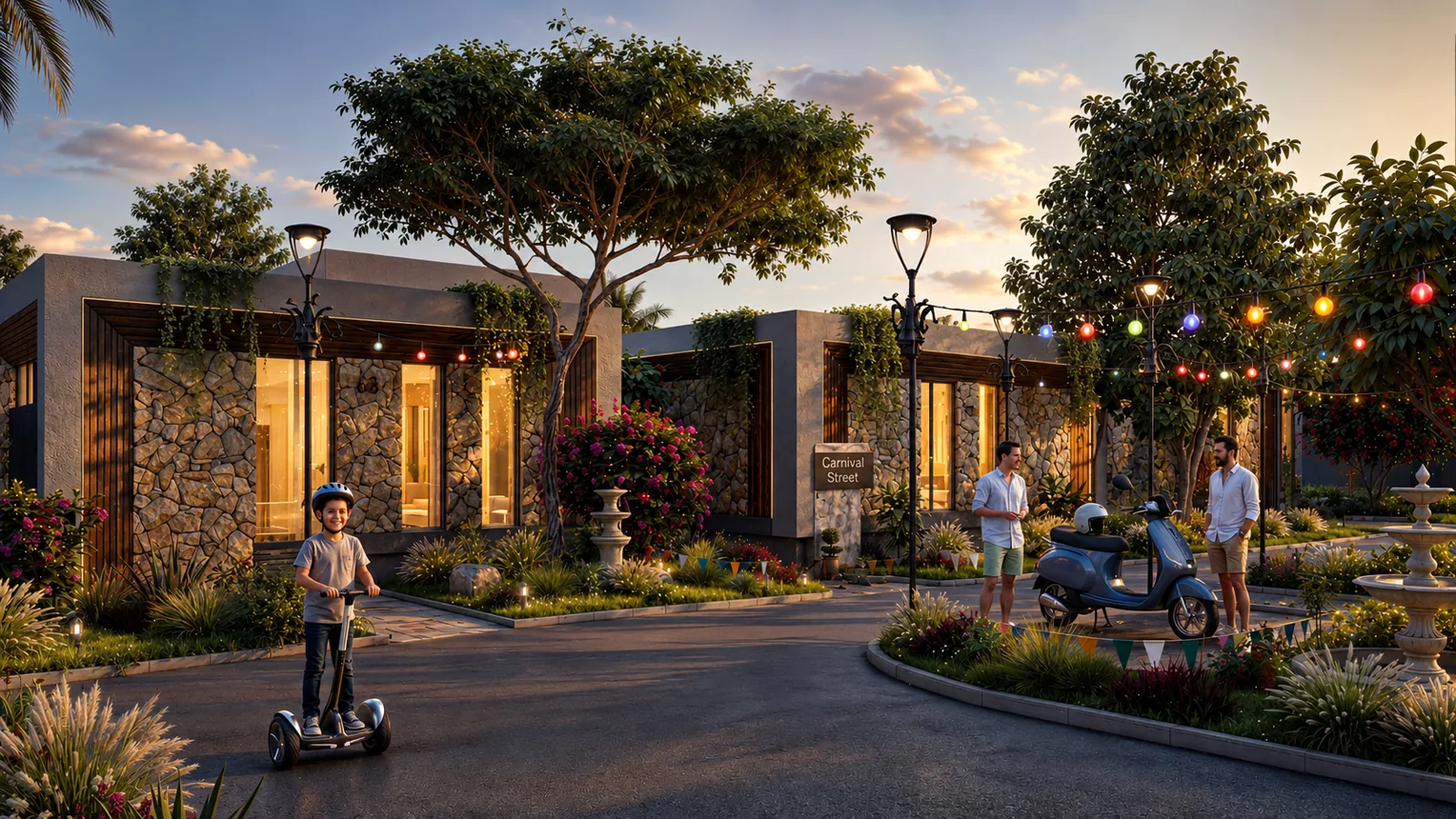 Lantern Lane at Longevity Resort, lit at dusk