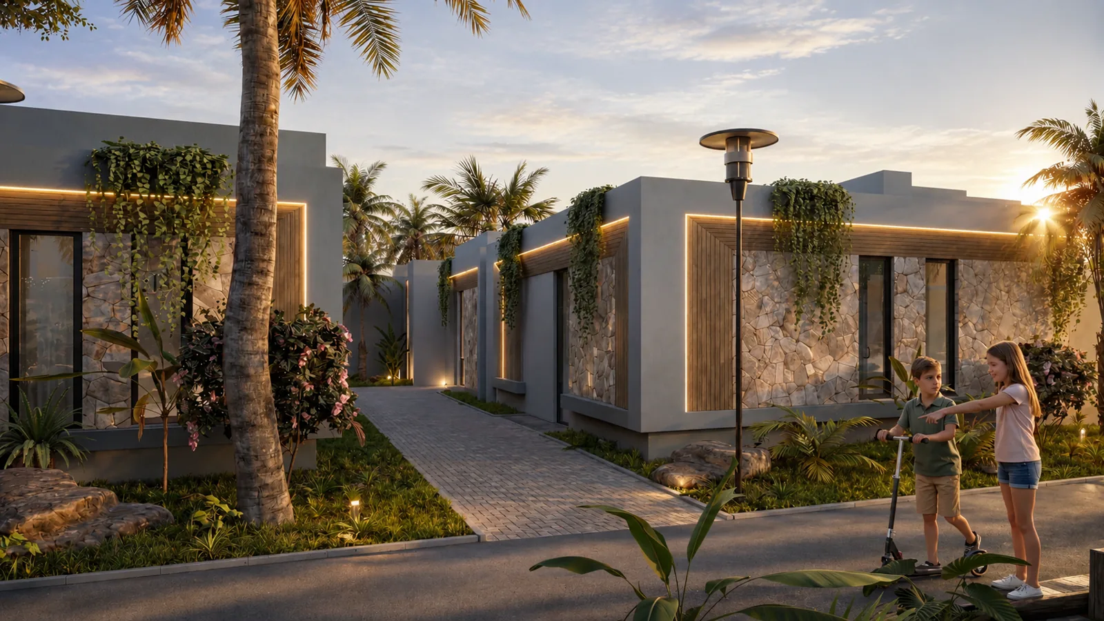 A landscaped lane inside the Longevity Resort estate