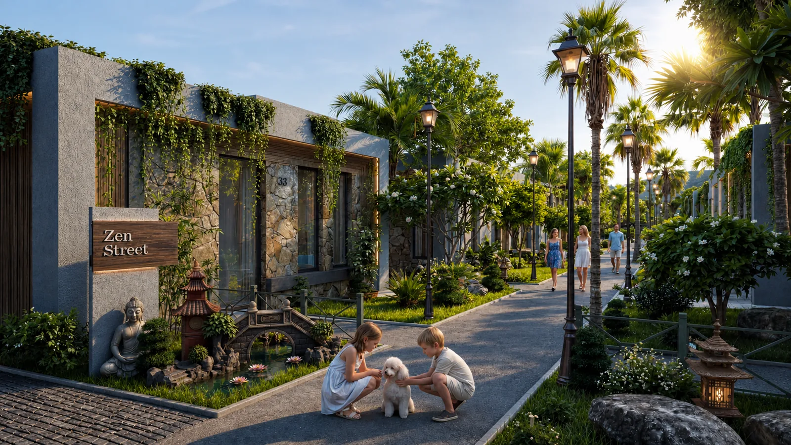 A landscaped lane inside the resort, villas on either side