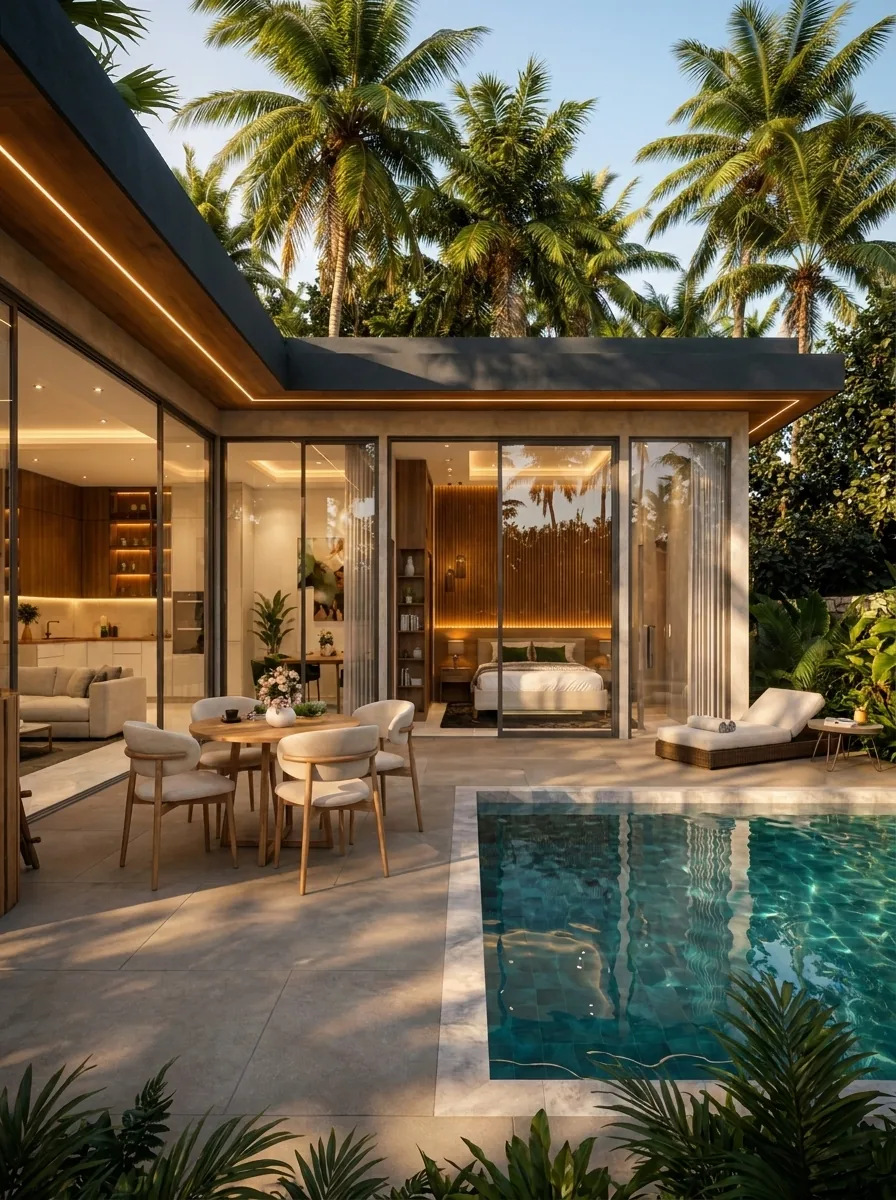 The terrace and pool of a two bedroom residence at Longevity Resort