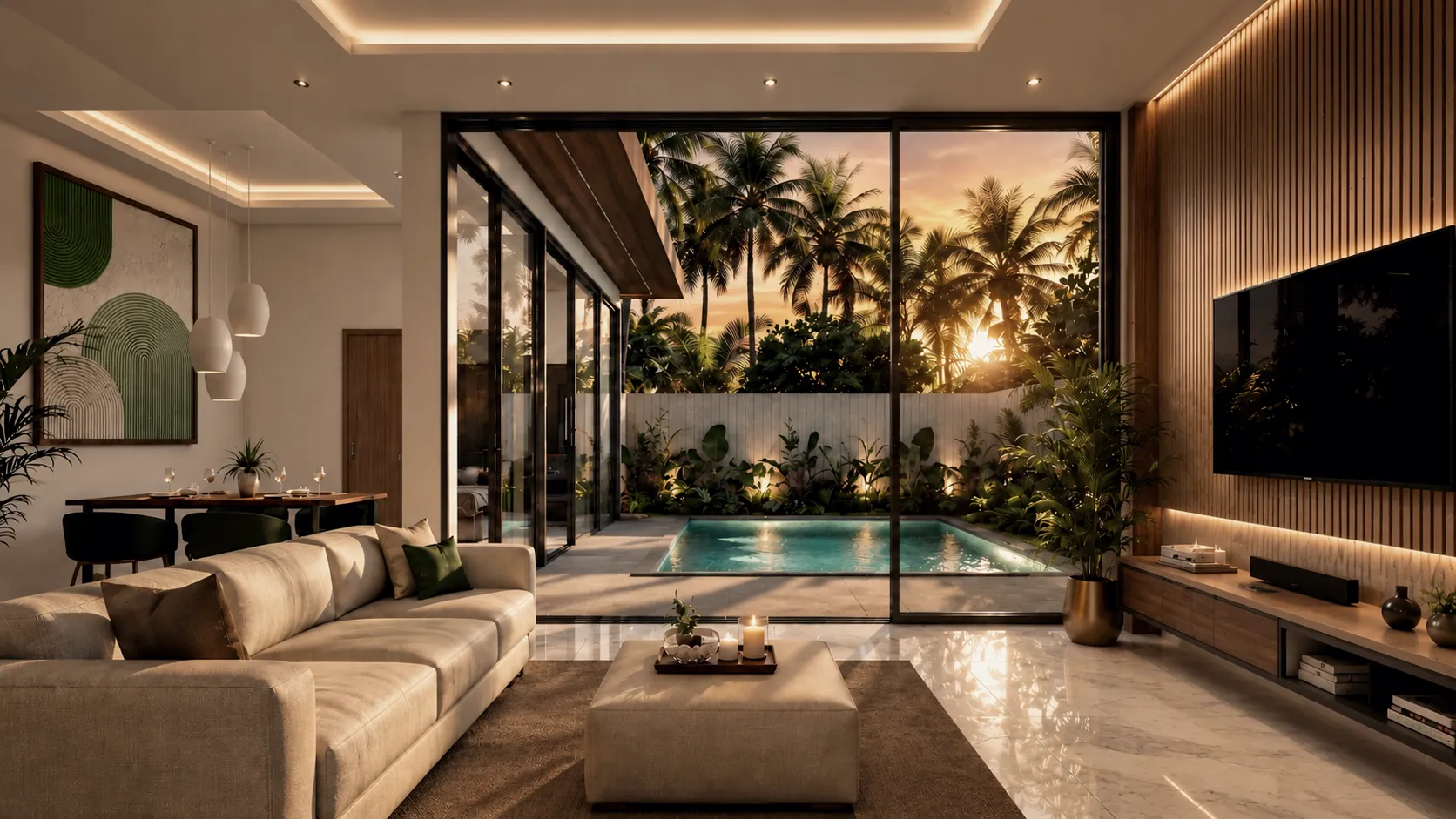 The living area at sunset