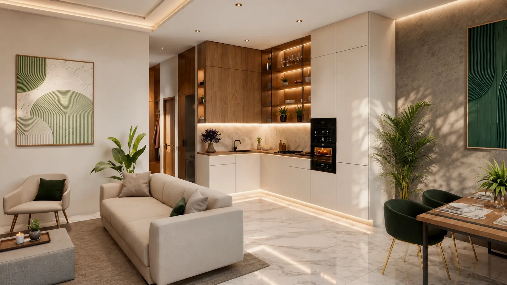 The living area and kitchen in one space