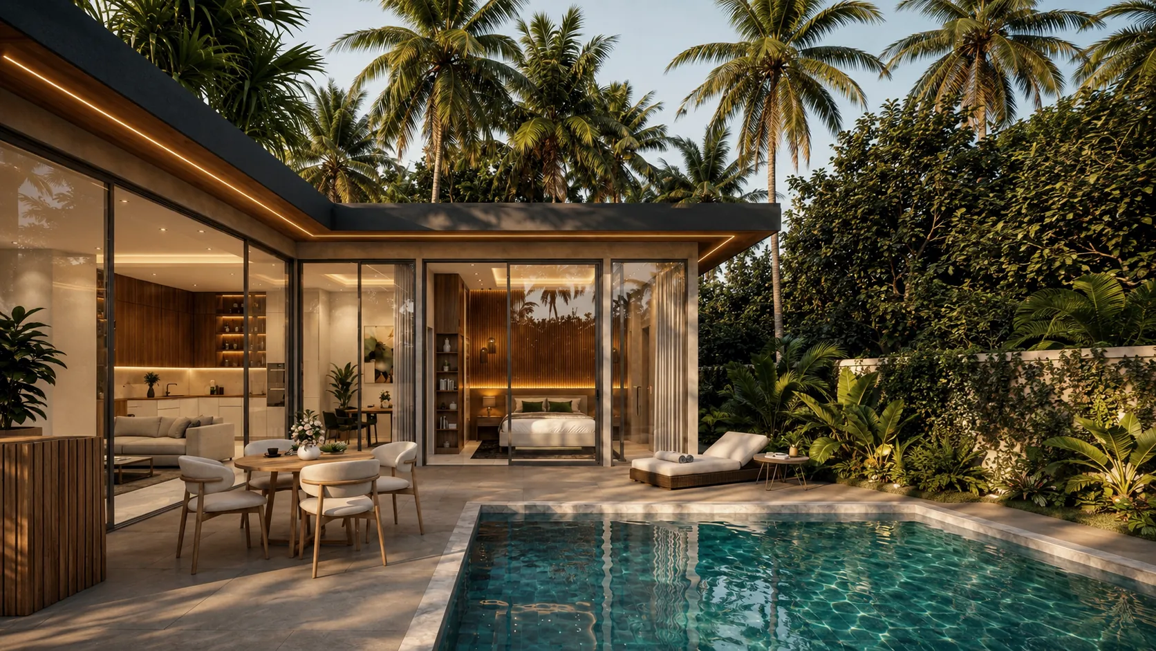 A private pool villa at dusk, its living space open to the terrace